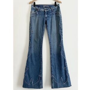 Robin's Jeans Y2K Low Rise Western Bootcut Flare Fringe Denim Blue Jeans Size 29